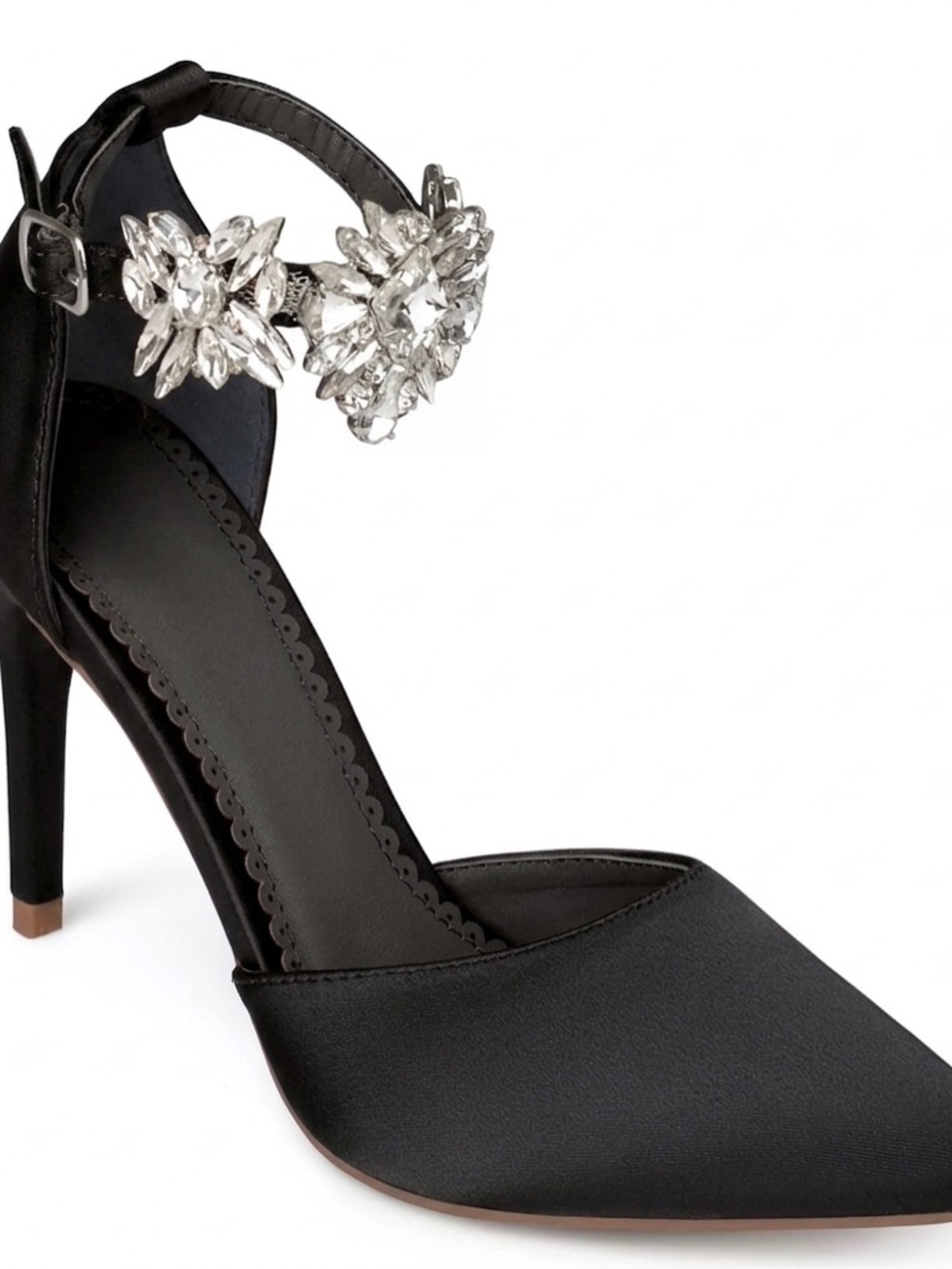 Charles David Black Pointed-Toe Heels with Crystal Floral Ankle Strap